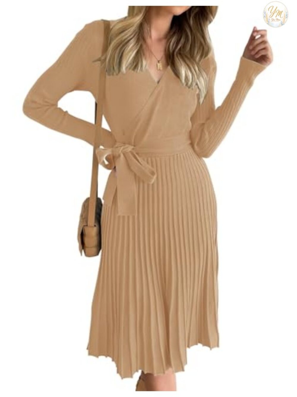 Women's Long Sleeve Wrap Midi Sweater Dress Ribbed Knit Belted
